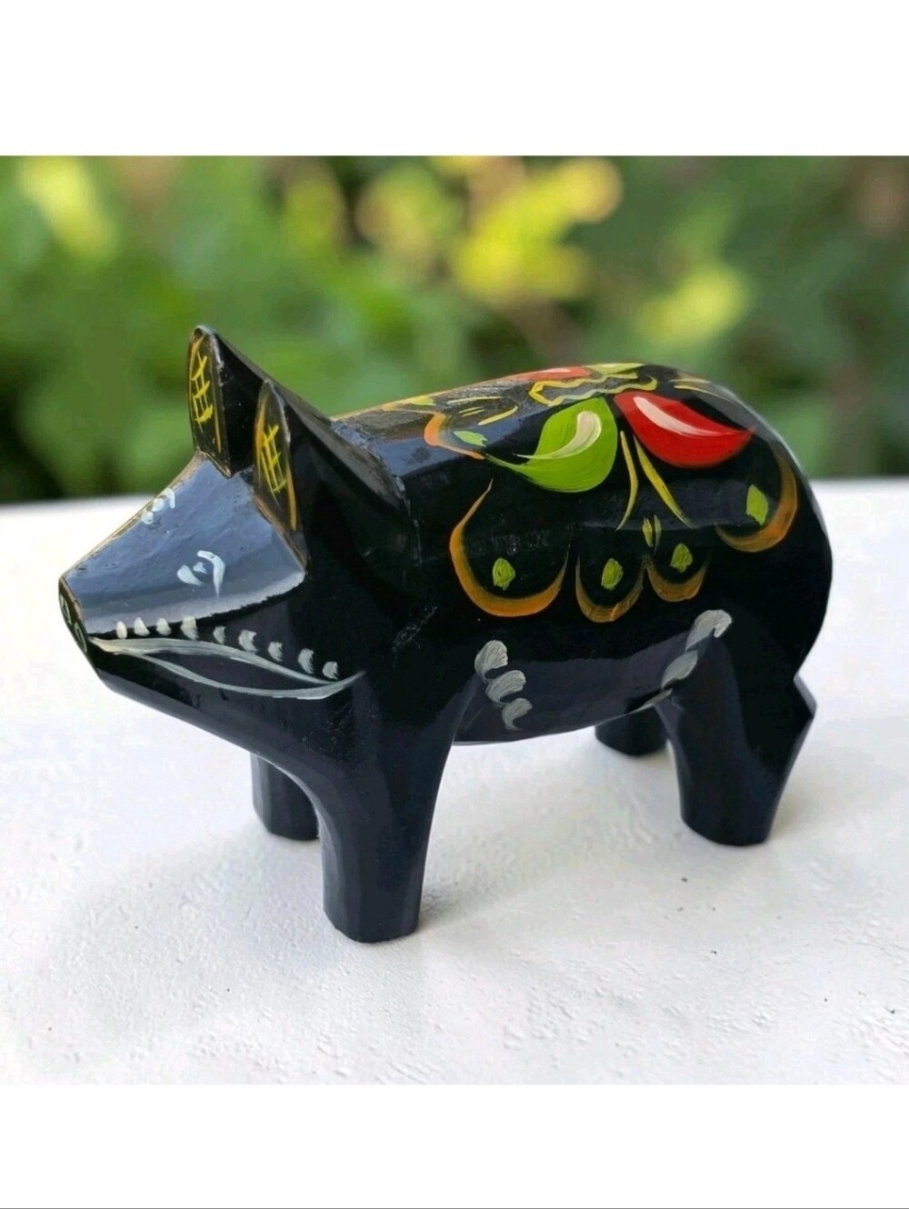 Vintage Grannas Olsson Swedish Dala Pig Black Wood Hand Painted Folk Art 3"